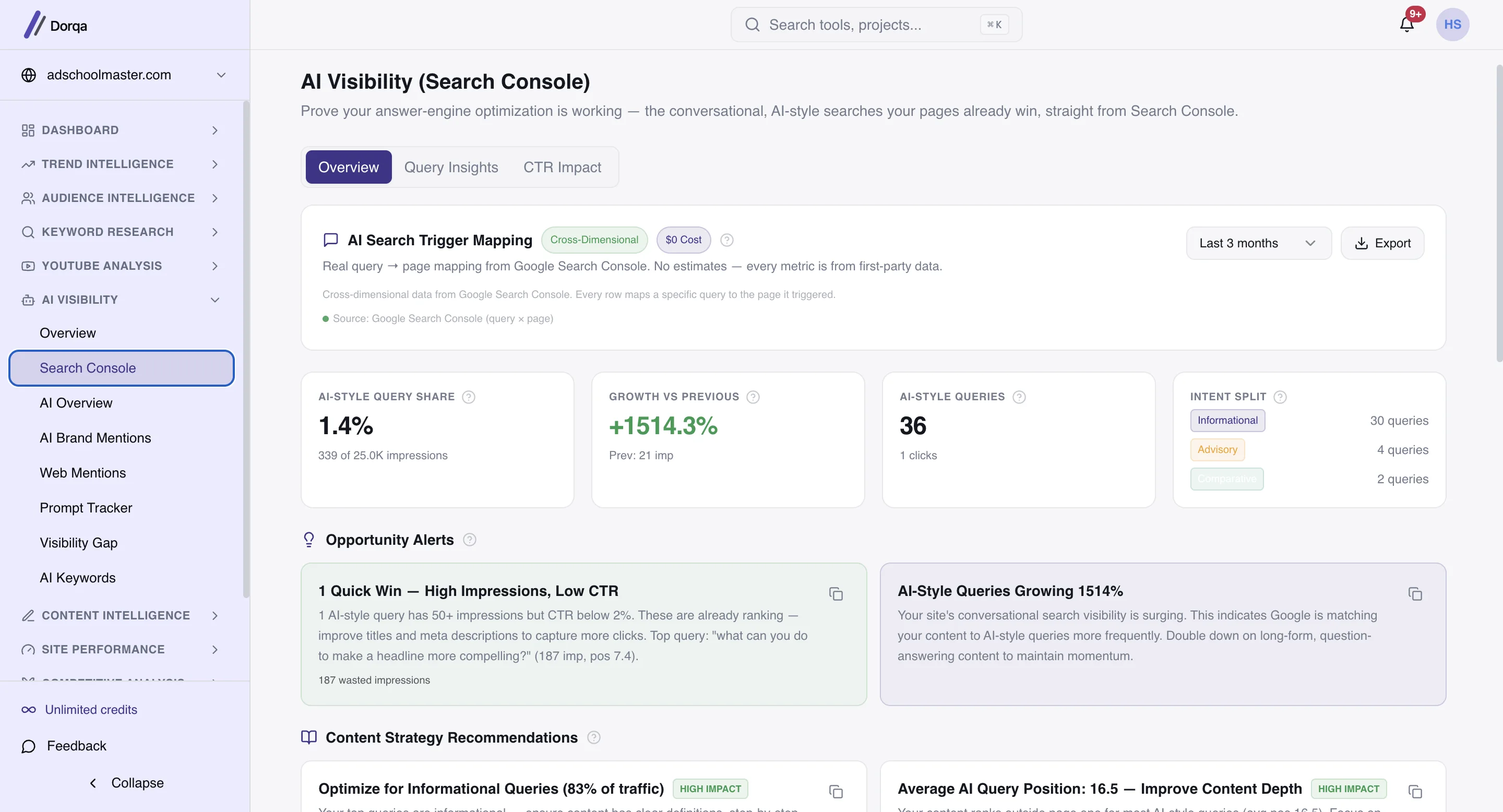 Dorqa AI Visibility on adschoolmaster.com, showing AI-style query share, growth against the previous period, intent split and the opportunities found, all from Google Search Console