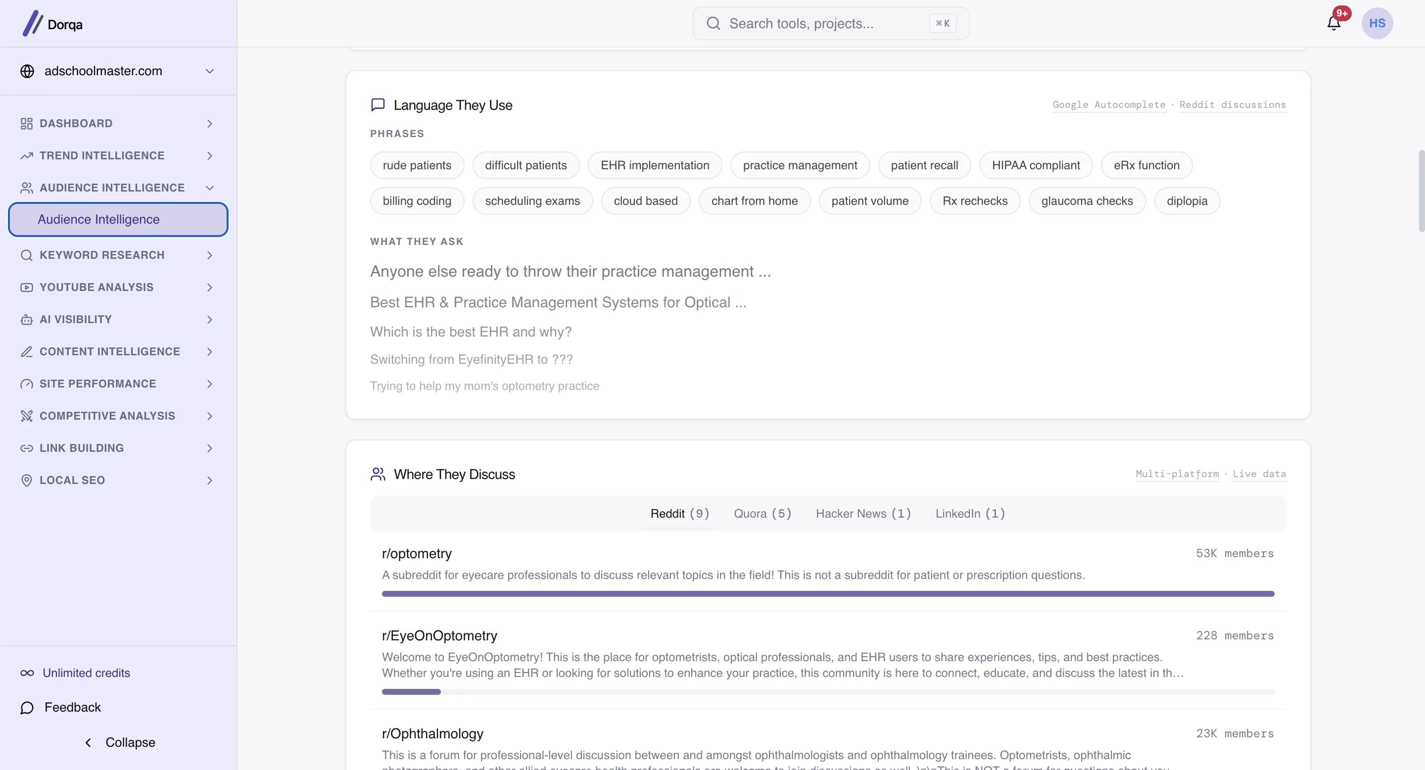 Dorqa Audience Intelligence for optometrists, showing the phrases this audience uses and the questions they ask, from Google Autocomplete and Reddit discussions