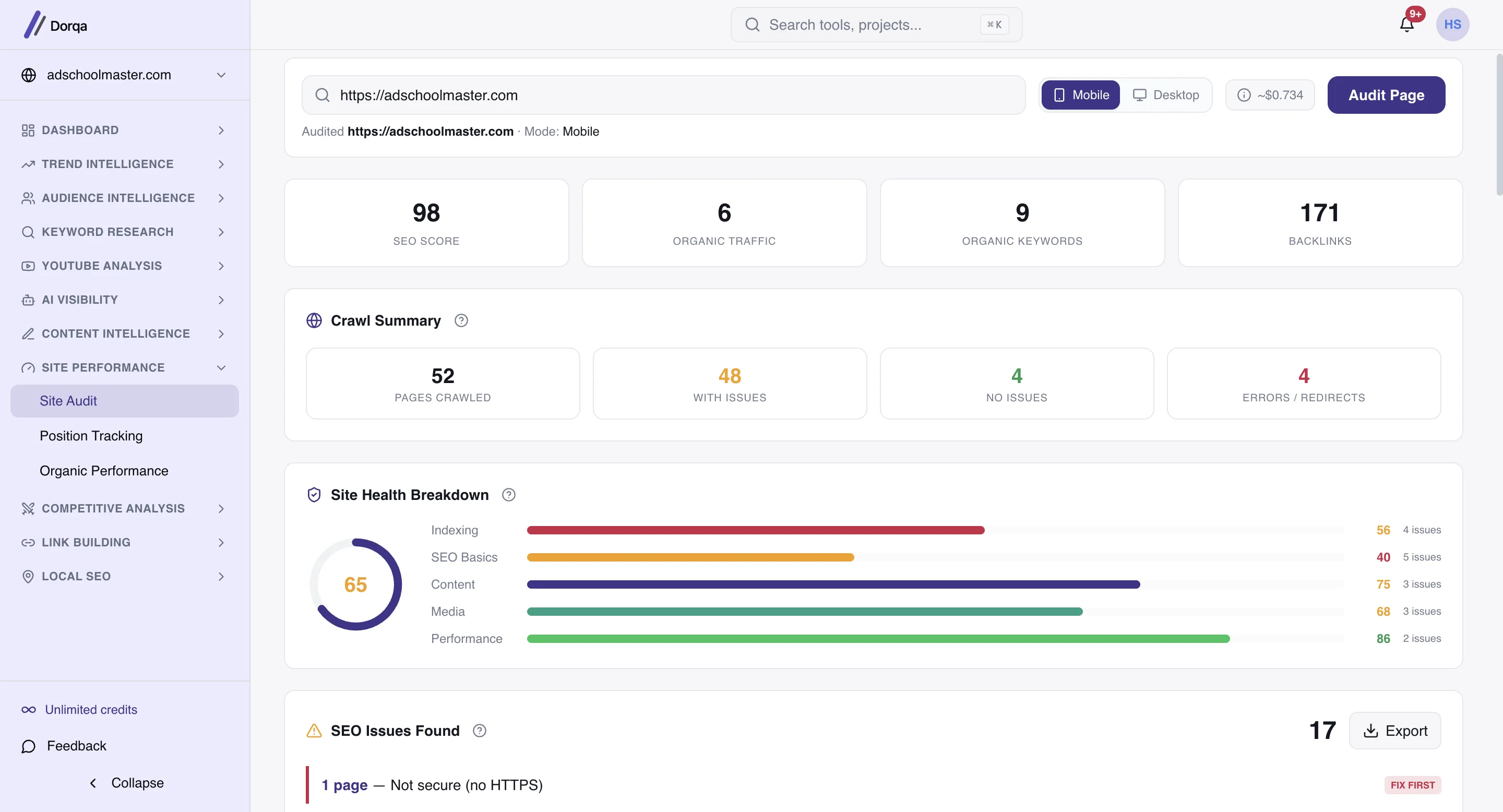 Dorqa Site Audit on adschoolmaster.com, showing 52 pages crawled and a site health breakdown across indexing, SEO basics, content, media and performance